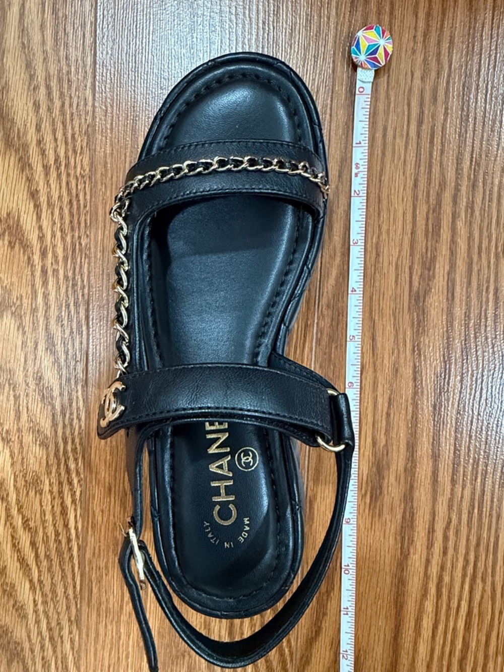 CHANEL Black Platform Sandal with Gold Chain Trim - Picture 11 of 12